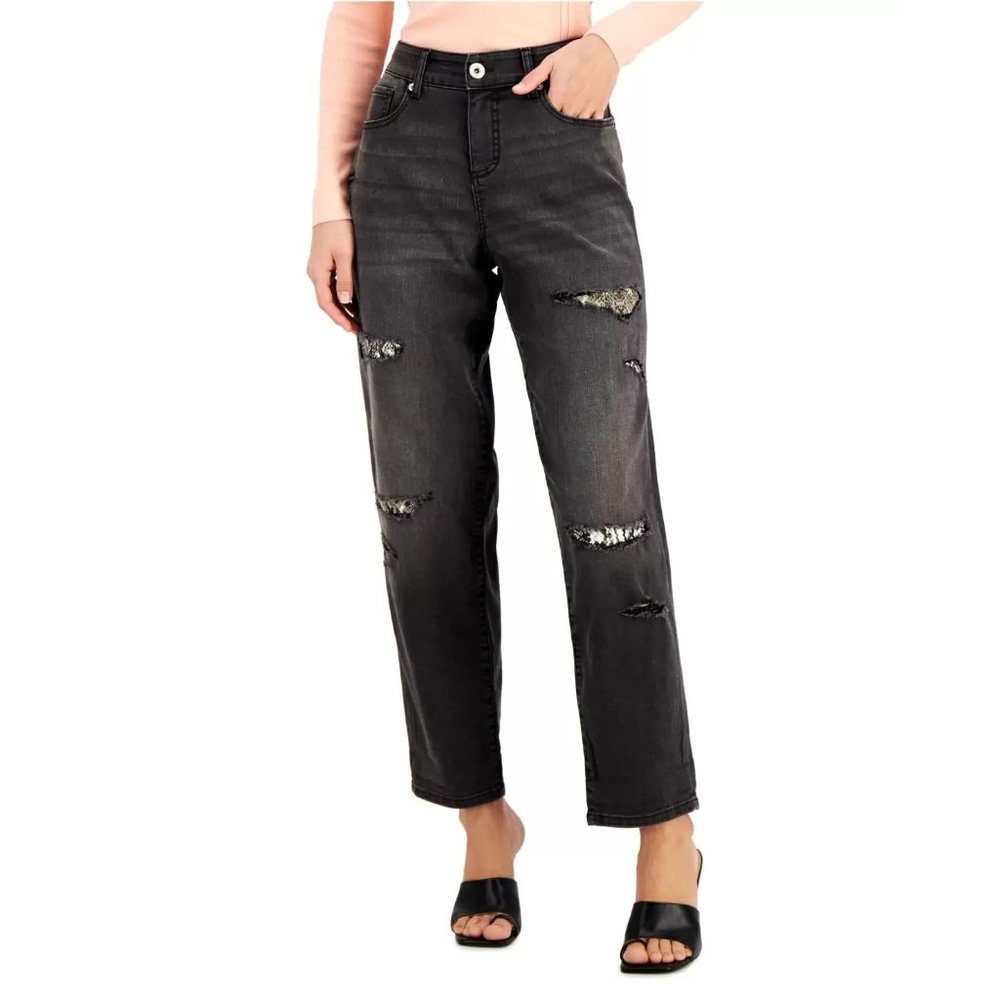 INC International Concepts High Rise Ripped Leopard Boyfriend Jeans